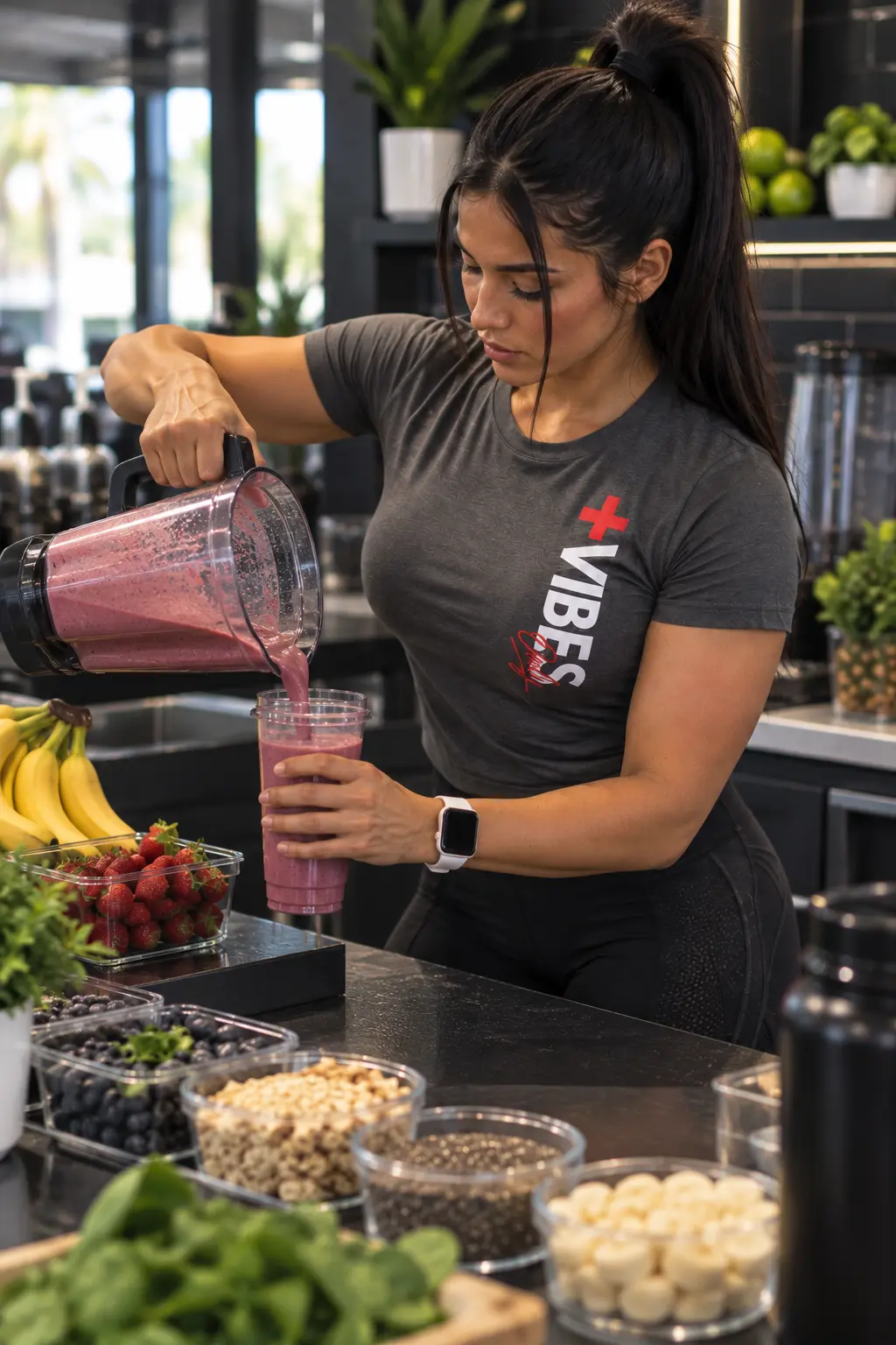 JETPAC model pouring a berry smoothie